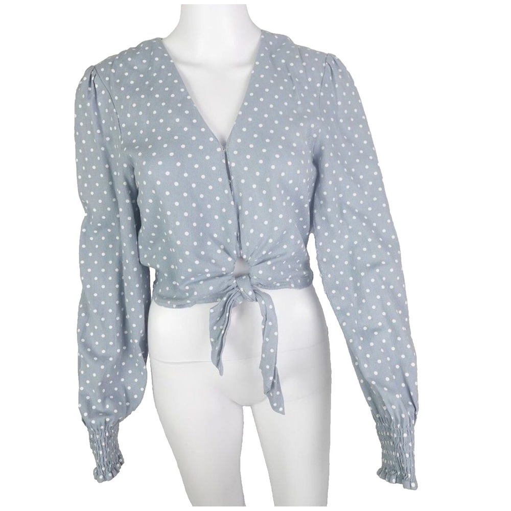 Entro Polka Dot Tie Front Blouse‎ Small Blue White Long Sleeve Cottagecore